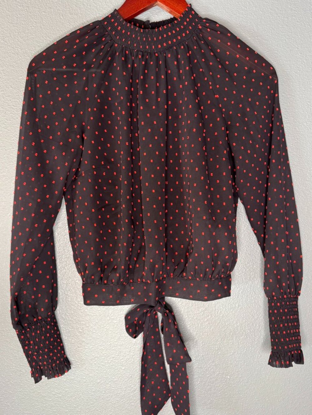 Black Red Dot Smocked Mock Neck Tie Waist Blouse XS Long Sleeve Bar III